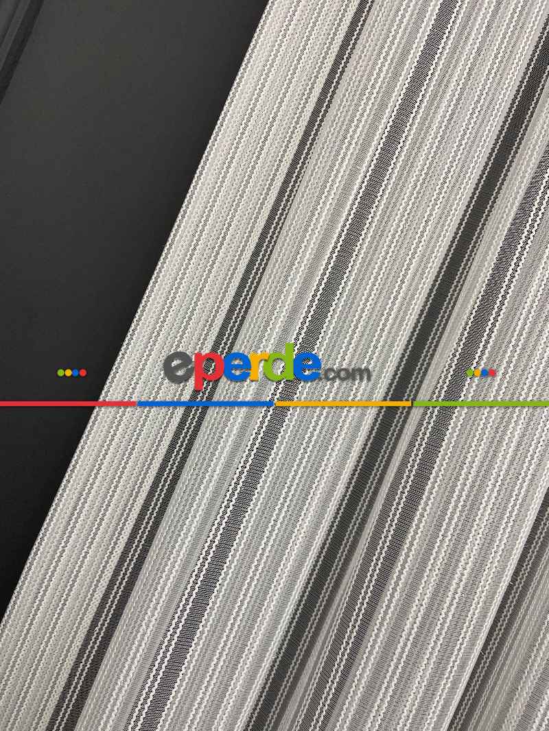 Zincir Tül Boyuna Çift Çizgili Sakallı Tül- Ekru - Kurşunlu Tül