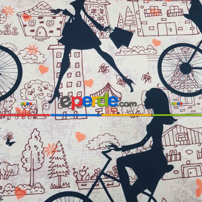 Şemsiyeli Kız Desenli Fon Perde Evm827 Kumaşı Kalındır Duck Bezi Değildir- Siyah-Beyaz