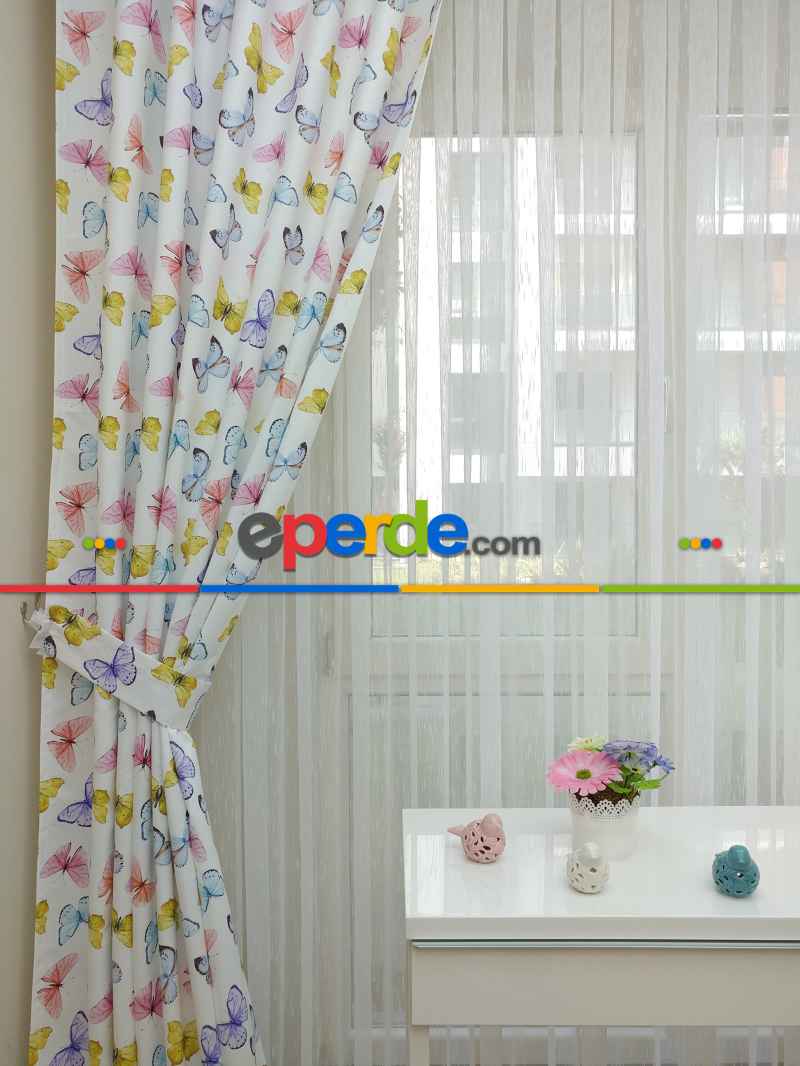 Kız Çocuk Odası Fon Perde - Kelebek Desenli Fon Perde