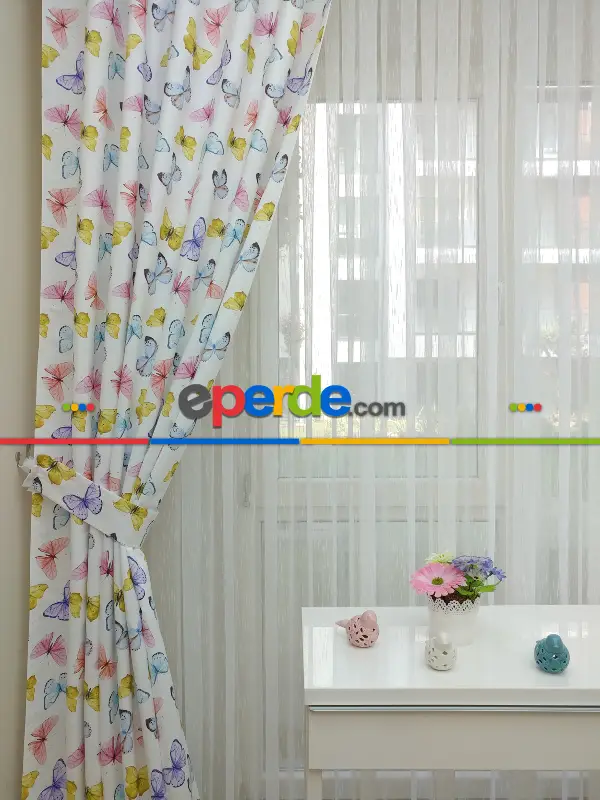 Kelebek Desenli Kız Bebek Ve Çocuk Odası Fon Perde Modelleri- Sarı-Beyaz-Turkuaz-Pembe