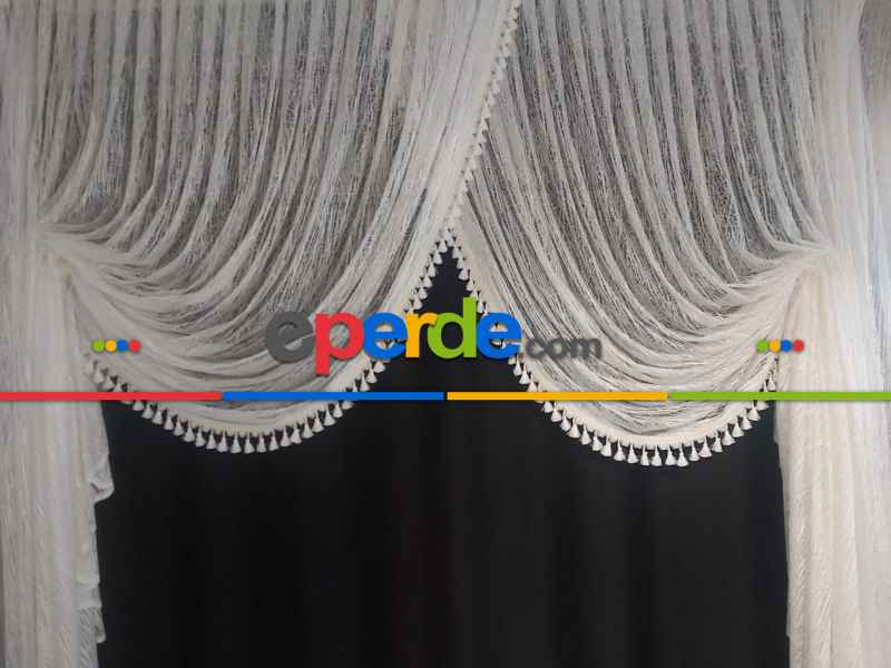 Saçaklı Püsküllü Camkırığı Desenyanki Kruvaze Tiyatro Model- Beyaz-ekru