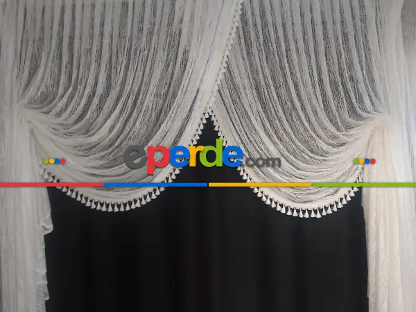 Saçaklı Püsküllü Camkırığı Desenyanki Kruvaze Tiyatro Model- Beyaz-ekru