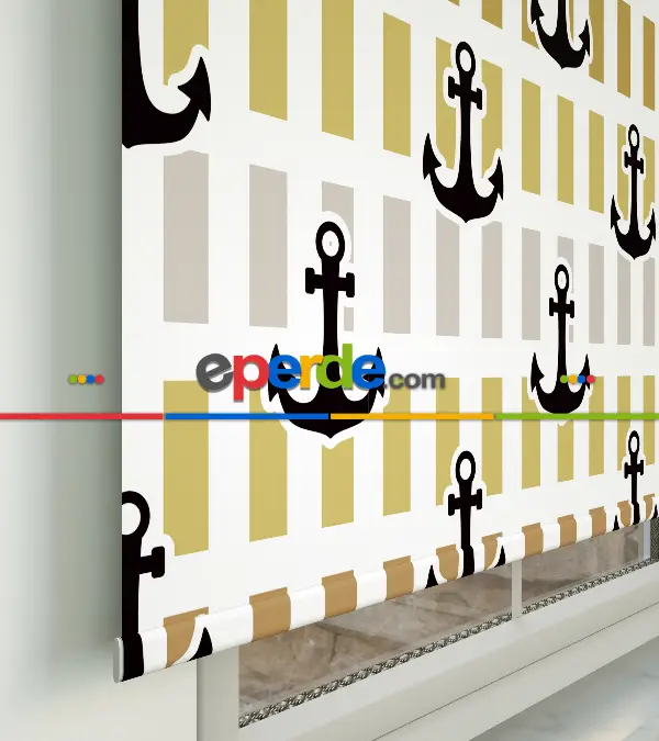 Çapa Baskılı Stor Perde- Siyah-mavi-sarı-beyaz