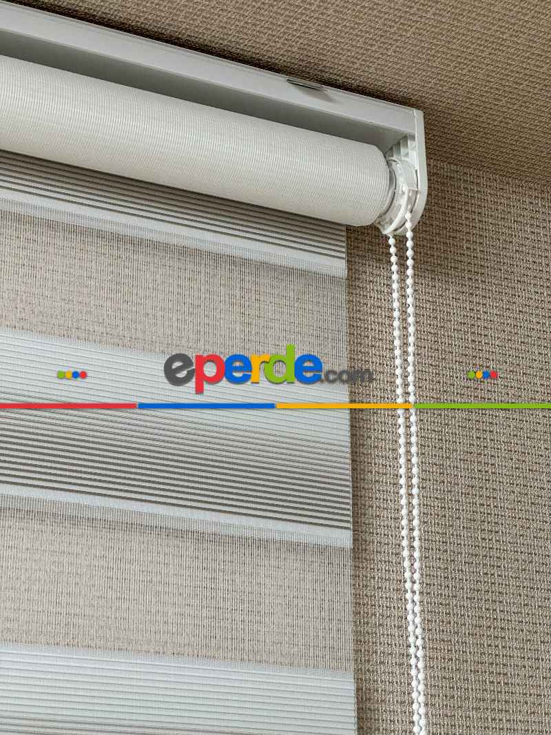 Genç Odası Ekru Bej Degrade Geçişli Dar Pliseli Zebra Perde, Standart Metal Kasalı Yüksek Kalite Kornişe Kolay Montaj Seçenekli
