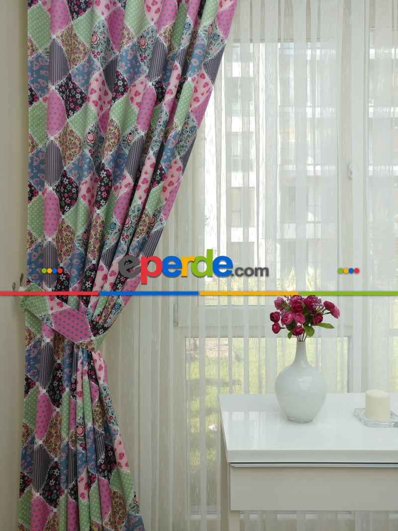 Patchwork Desenli Bebek Ve Çocuk Odası Fon Perde Modelleri- Beyaz-Pembe-Mor