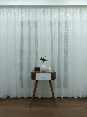 Floş Örme Desenli Tül Perde ( Hazır Ölçü 1/2.5 Normal Pile )- Ekru 200cm X 195cm 