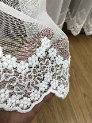 Etek Ucu Çiçek Desenli Tül Perde - Ütü İstemez - %30 Extra İndirimli- Ekru