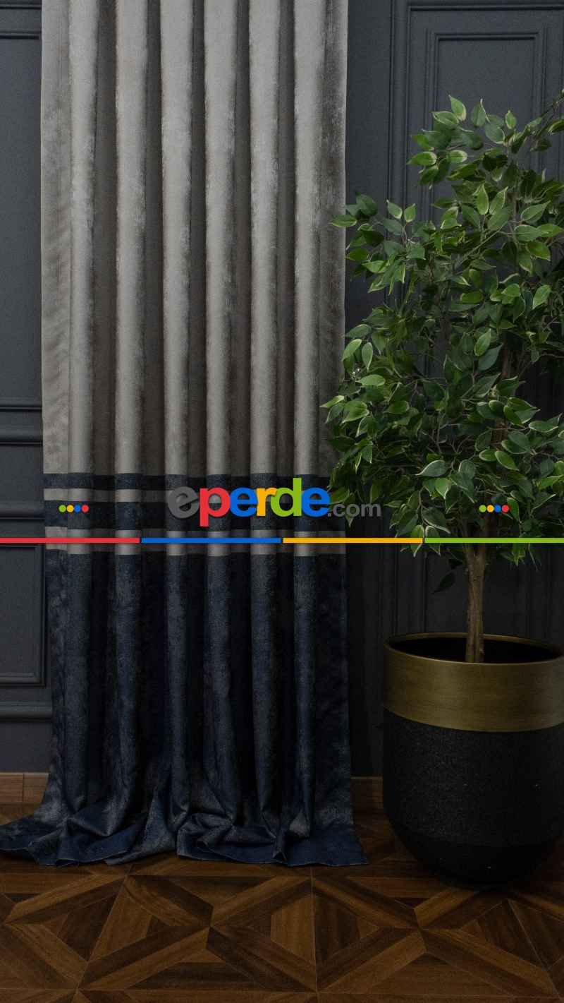 1. Sınıf Jakarlı Pano Fon Perde - Gri Lacivert Bantlı
