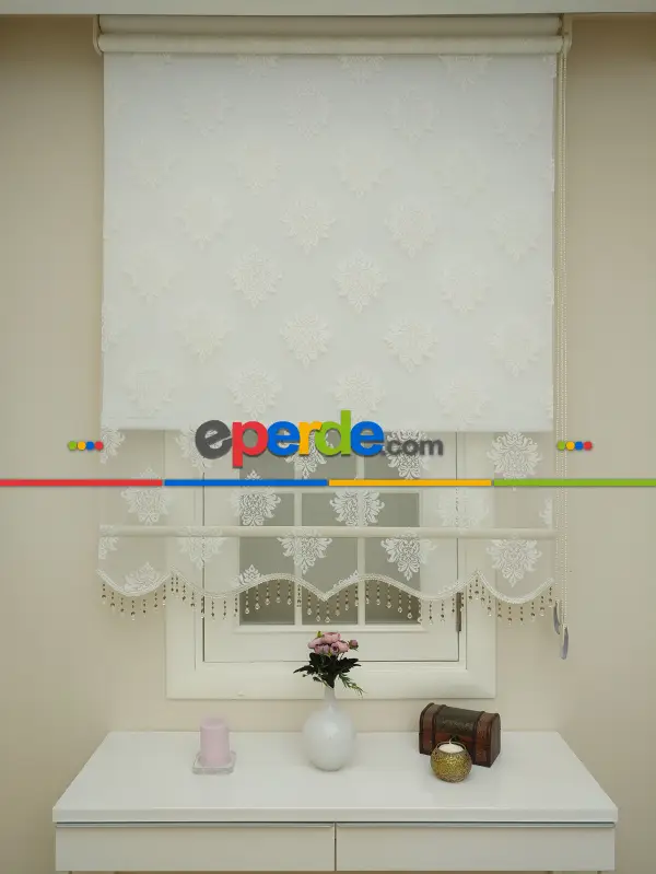 Brillant - Stor Perde - Çiftli Sistem Tül Ve Stor Perde- Büyük Damask Modeli- Krem Açık-ekru