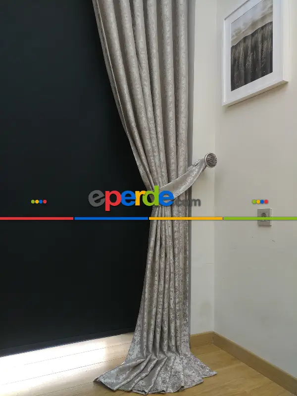 Gri Krem Desenli Jakar Fon Perde (180cm En)- Gri-füme-antrasit-krem Açık