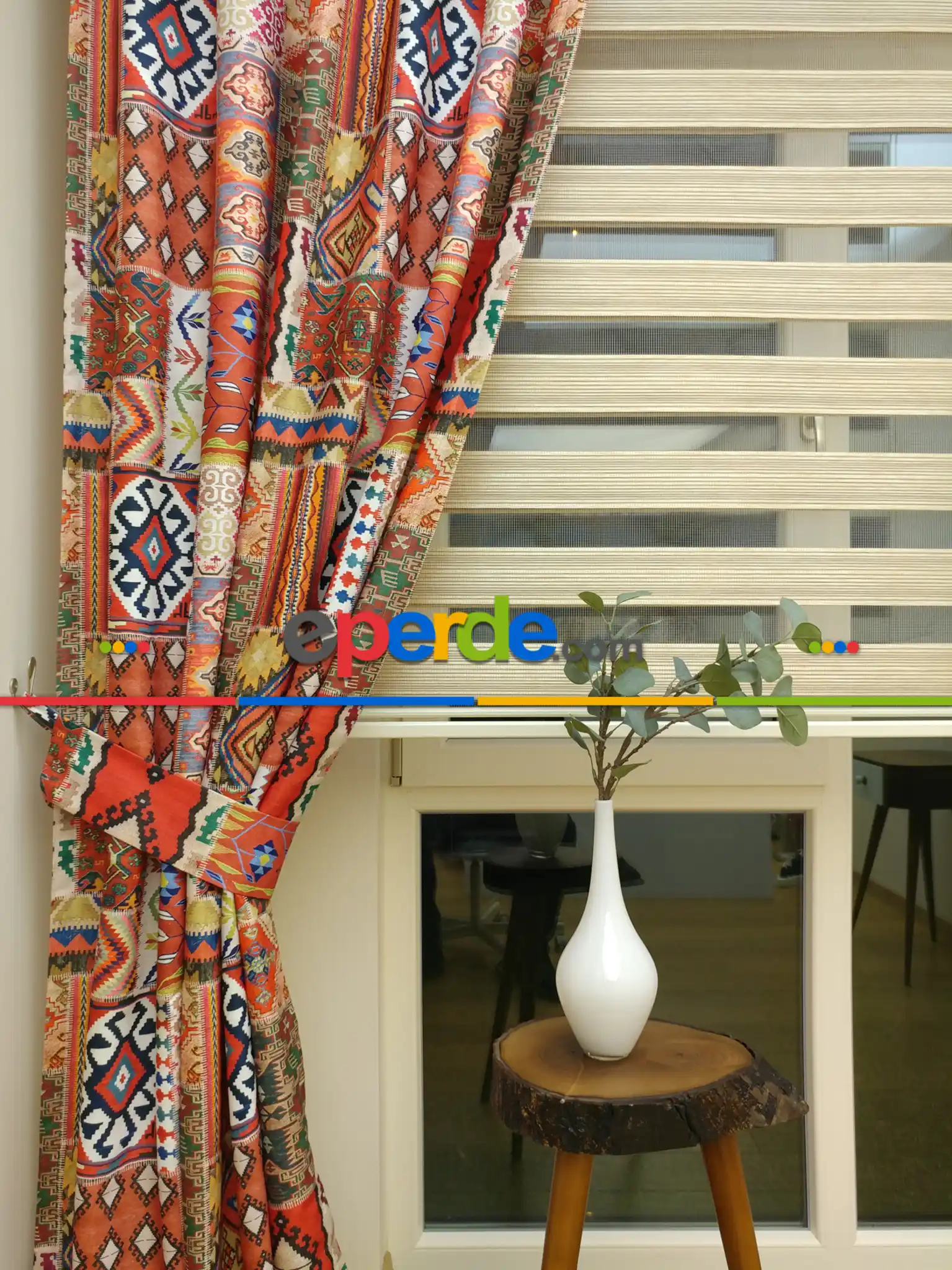 Kilim Desenli Kalın Pamuklu Kumaş Fon Perde- Lacivert-kırmızı-mavi Doymamış-yeşil Sarı Turuncu