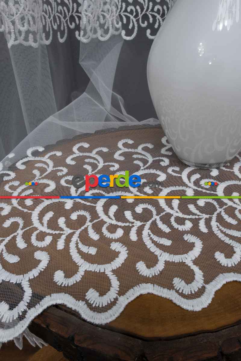 Sarmaşık Şal Desenli - Ara Bantlı Desenli Tül Perde - Brode Dokuma