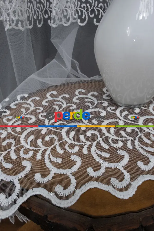 Mutfak Sarmaşık Şal Desenli - Ara Bantlı Desenli Tül Perde - Brode Dokuma