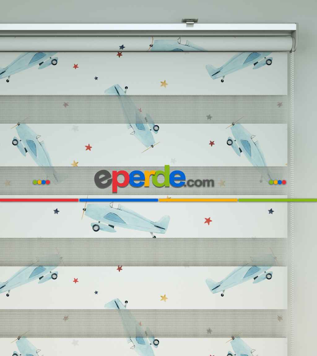 Uçak Desenli Baskılı Zebra Perde- Çok Renkli