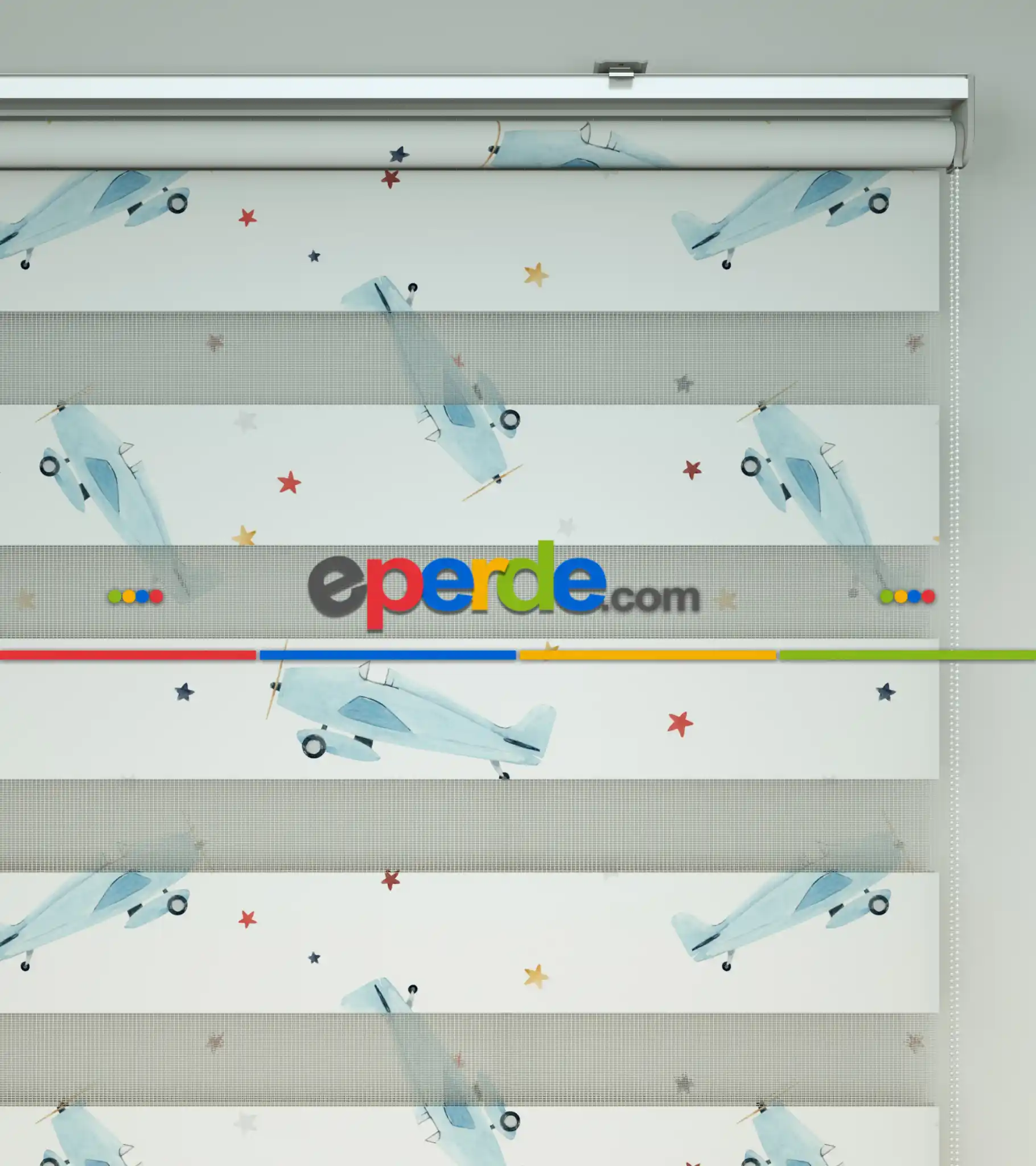 Uçak Desenli Baskılı Zebra Perde- Çok Renkli