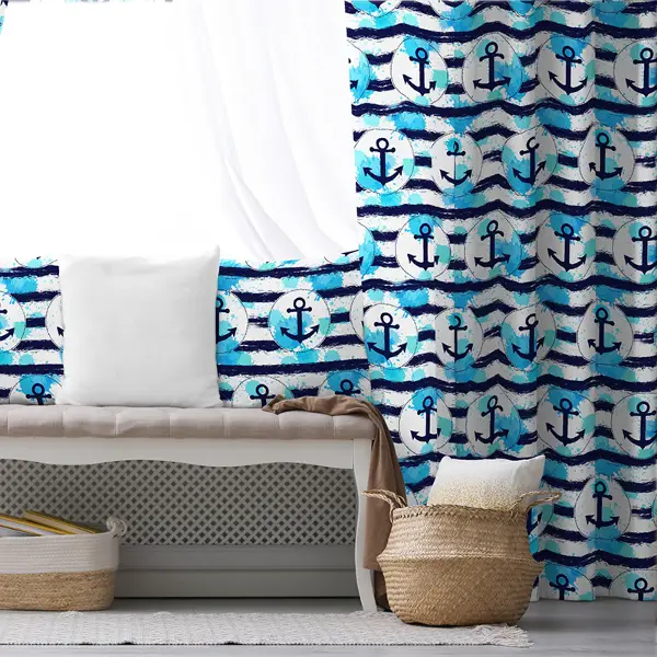 Çocuk Odası - Çapa Desenli Fon Perde Evim654 Kumaşı Kalındır Duck Bezi Değildir- Mavi-beyaz