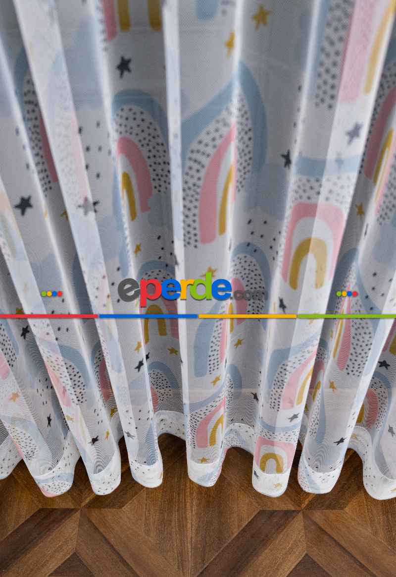 Petek Zemin Mavi Pembe Renkli Gökkuşağı Desenli Grek Baskılı Tül Perde