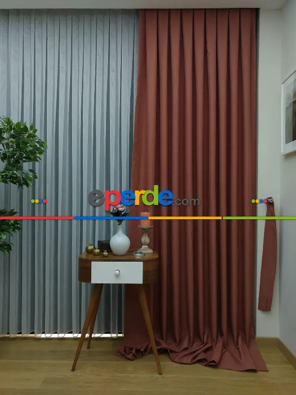 Yatak Odası - Keten Açık Kiremit Renk Düz Fon Perde- Kiremit Rengi