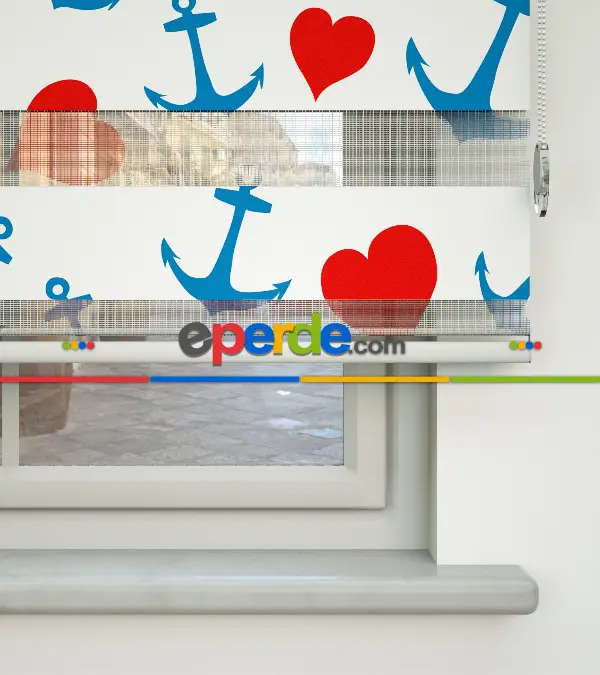 Bebek Odası Zebra Perde - Kalp Ve Çapa Baskılı Zebra Perde- Mavi-Kırmızı-Beyaz