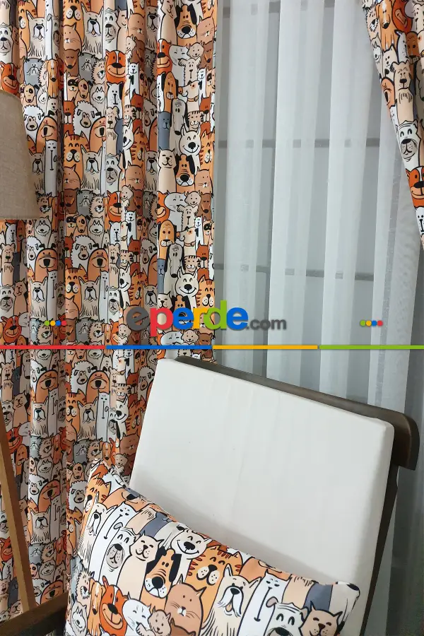 Köpek Resimli Fon Perde K339 H - Kumaşı Kalındır Duck Bezi Değildir.- Gri-Füme-Antrasit-Kahve-Çok Renkli