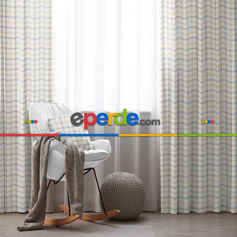 Salon Fon Perde Evim1615-3 Kumaşı Kalındır Duck Bezi Değildir- Mavi-beyaz