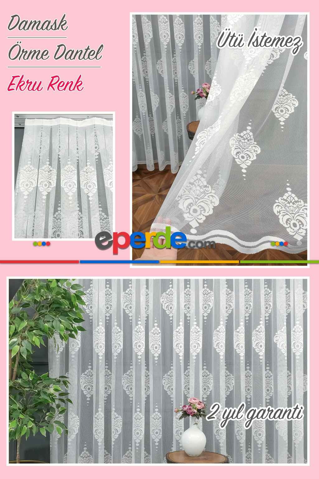 Serpme Damask Desenli Fransız Dantel Tül Perde- Ekru