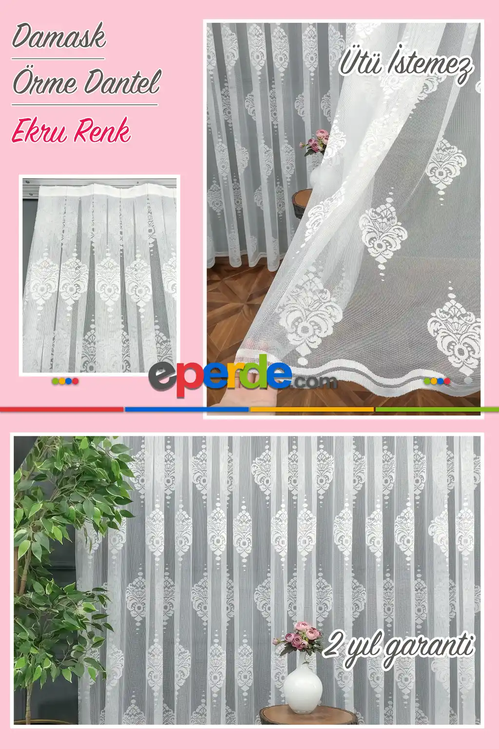 Serpme Damask Desenli Fransız Dantel Tül Perde- Ekru