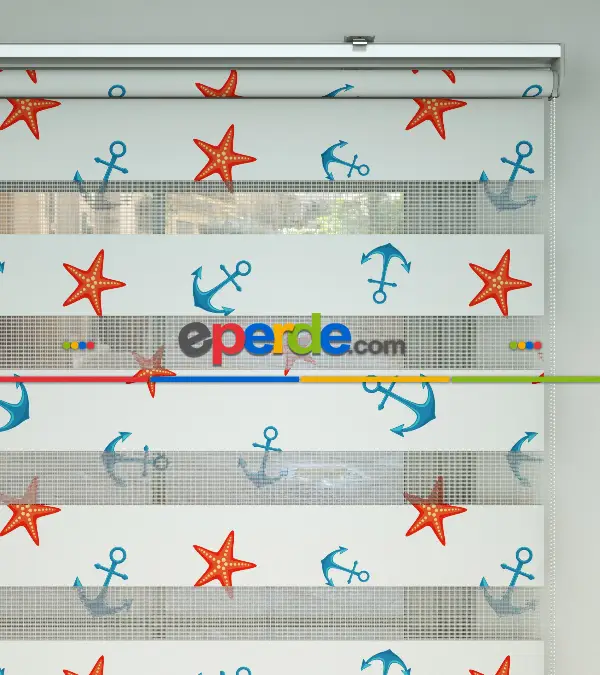 Çocuk Odası Zebra Perde - Çapa Ve Deniz Yıldızı Baskılı Zebra Perde- Çok Renkli