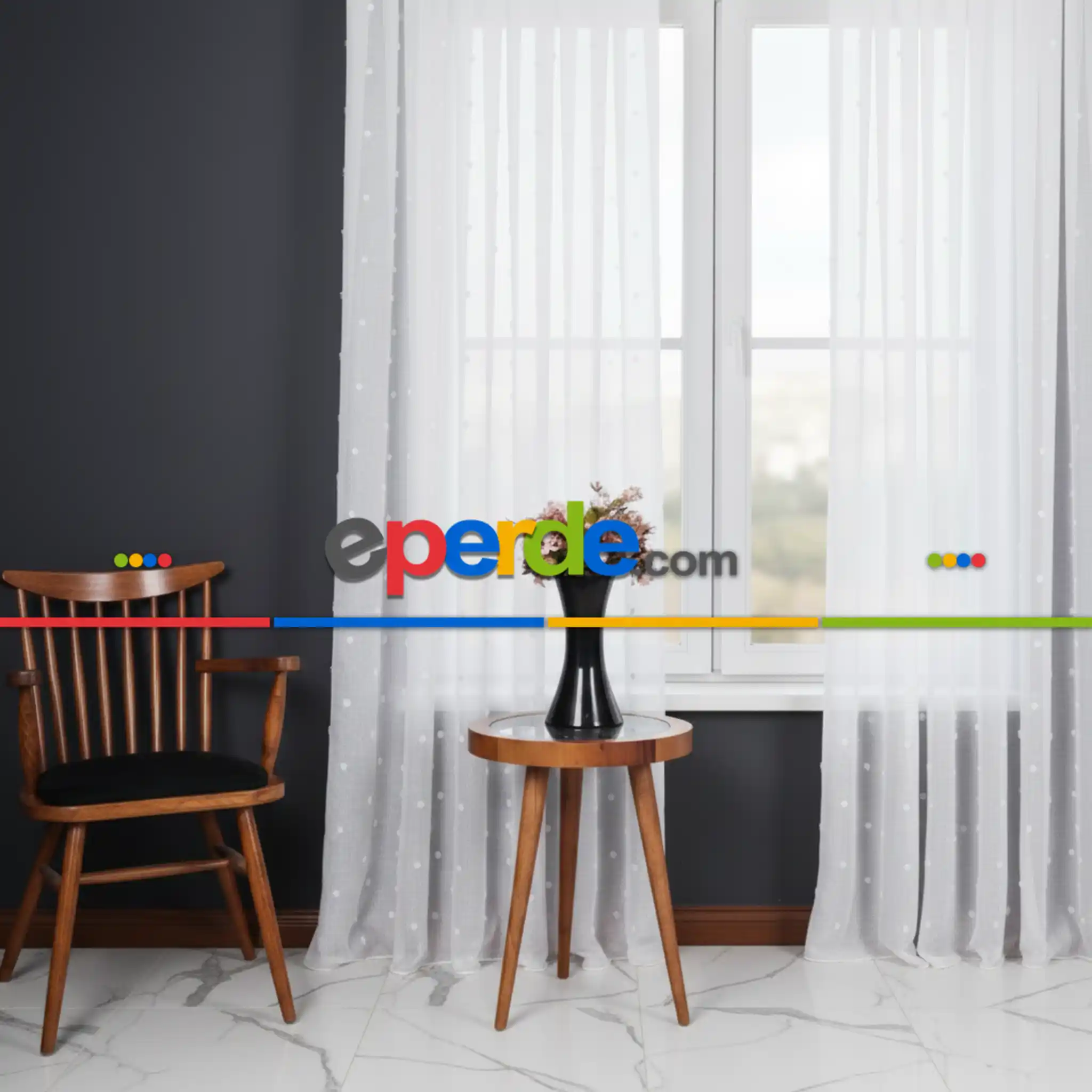 Ponpon Desenli Keten Düz Tül Perde Gramajlı