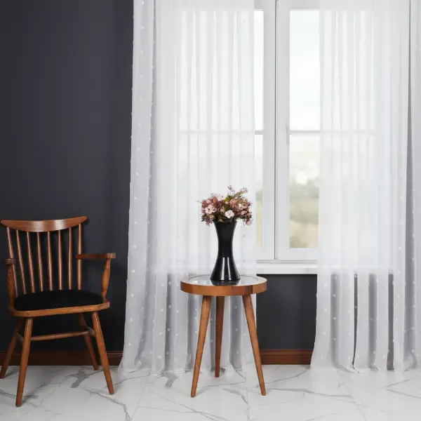 Ponpon Desenli Keten Düz Tül Perde Gramajlı