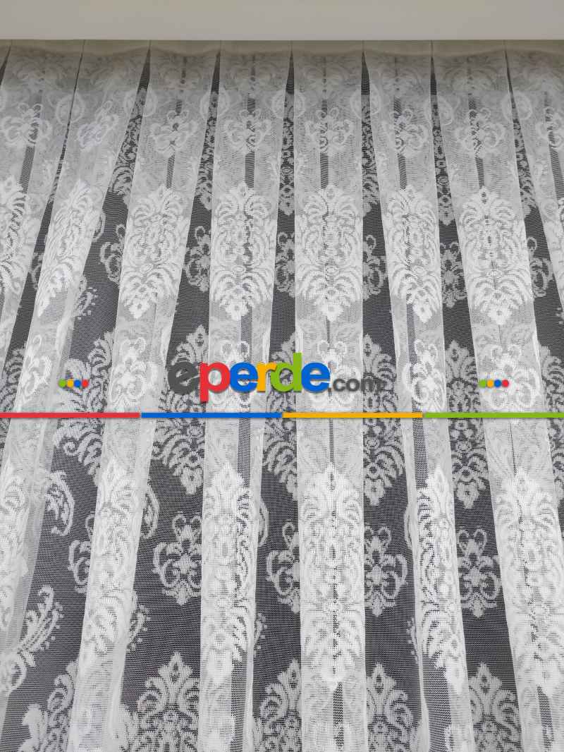 Salon Damask Desenli Örme Kdk Tül Perde %30 Ekstra İndirimli- Ekru