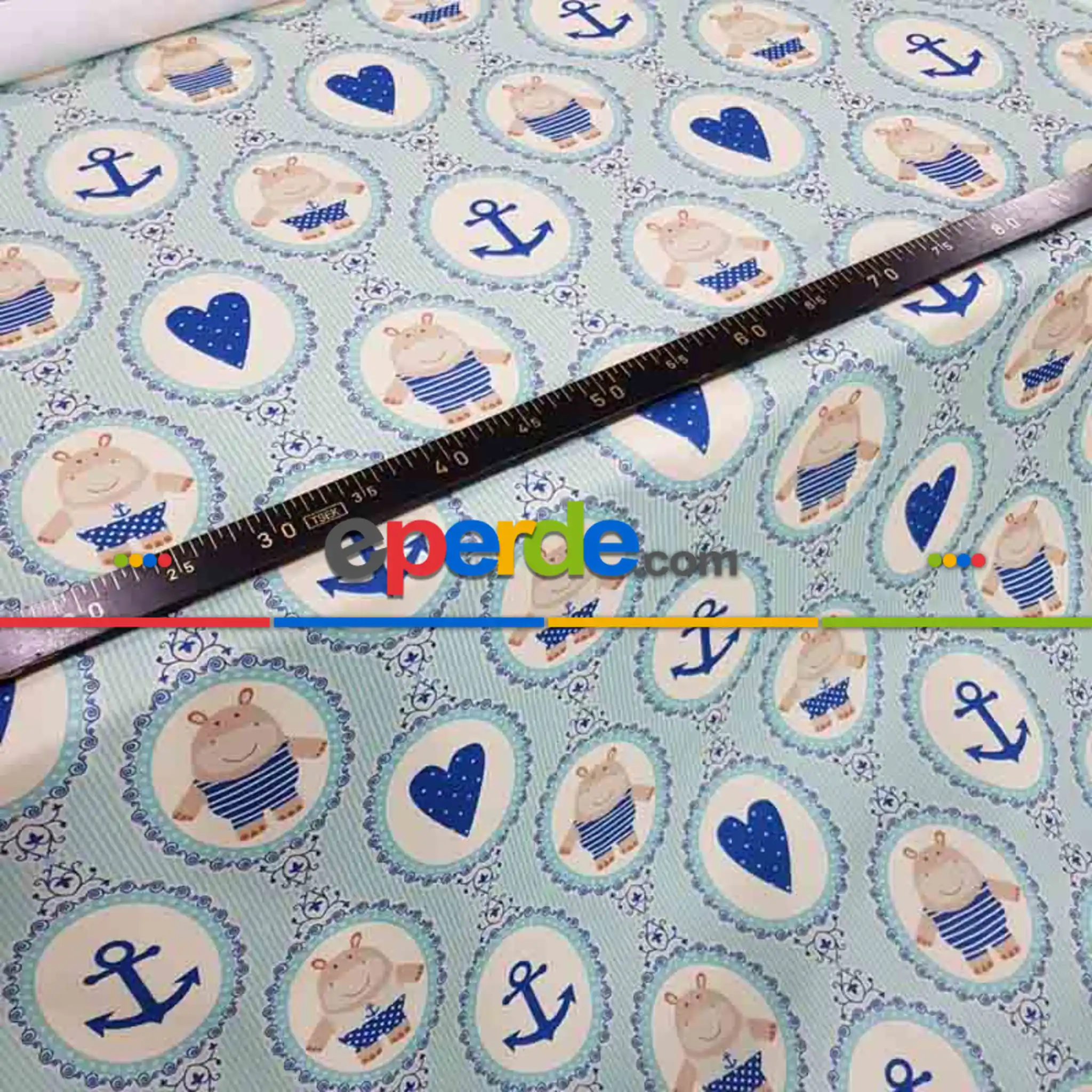 Bebek Odası Fon - Çapa Ayıcık Ve Kalp Desenli Fon Perde Evm1098 Kumaşı Kalındır Duck Bezi Değildir- Beyaz