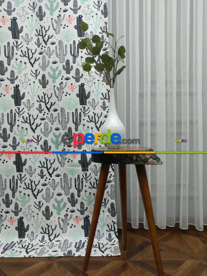 Kaktüs Desenli Fon Perde Evm694 Kumaşı Kalındır Duck Bezi Değildir- Siyah-Beyaz