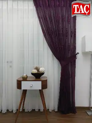 Patlıcan Moru - Damask Desenli Taç Tül Fon Perde- Mor Patlıcan Moru