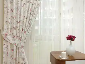 Gül Desenli Baskılı Fon Perde- Bej-Gül Kurusu-Ekru