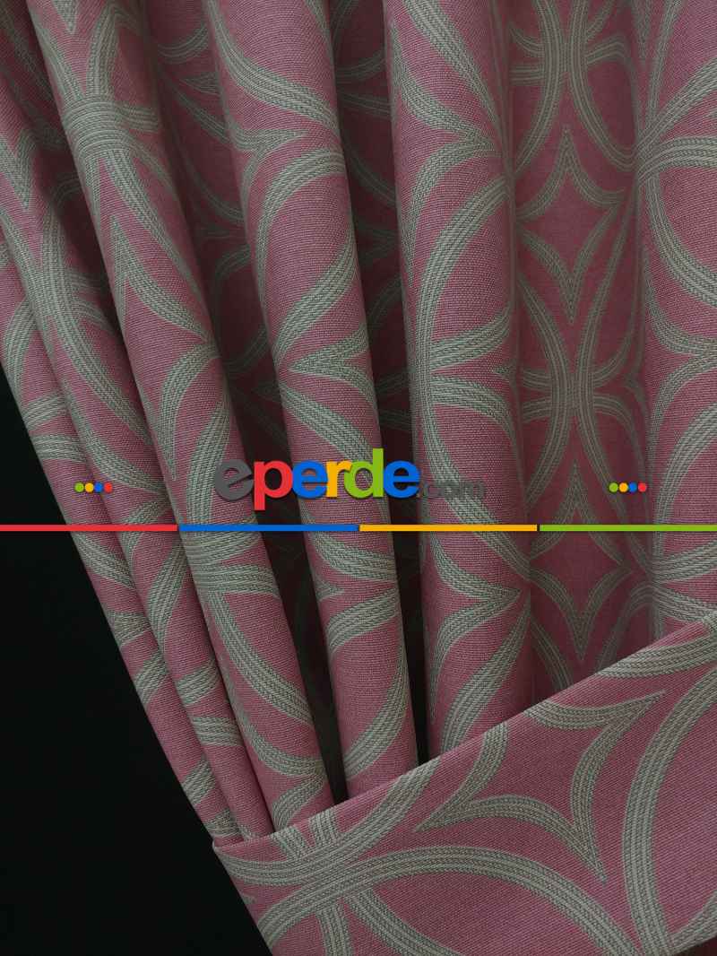 Yatak Odası - Dairesel Desenli Oturma Odası Fon Perde- Pembe Pudra Pembe