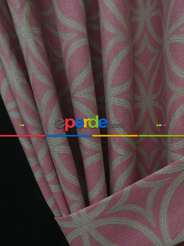 Dairesel Desenli Oturma Odası Fon Perde- Pembe Pudra Pembe