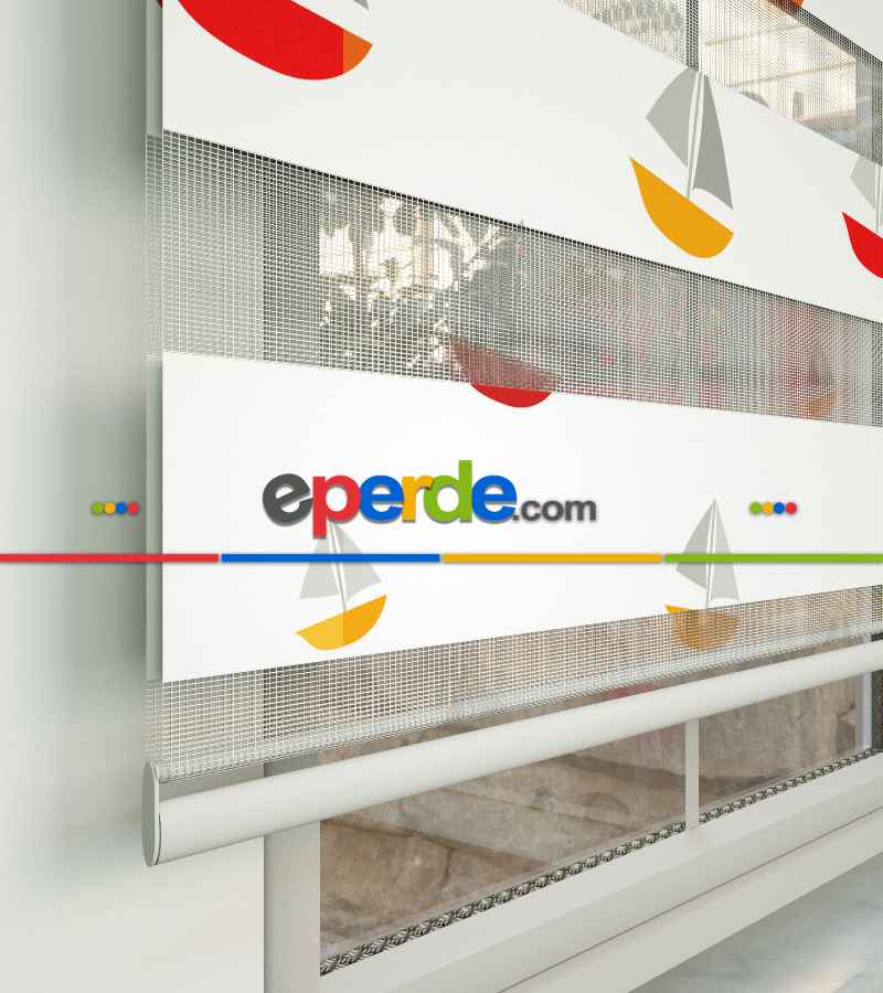 Bebek Odası Zebra Perde - Yelkenli Baskılı Zebra Perde- Kırmızı-Sarı-Beyaz-Gri Açık