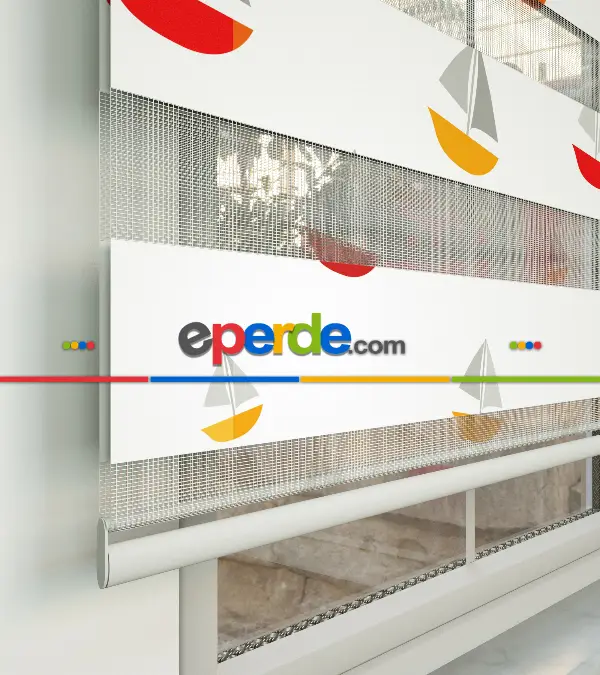 Bebek Odası Zebra Perde - Yelkenli Baskılı Zebra Perde- Kırmızı-Sarı-Beyaz-Gri Açık