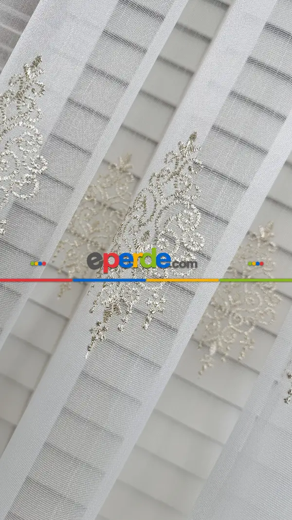 Ekru Altın Özel Dokuma, Özel İplik Brode İşlemeli Tül Perde - Ağır Gramajlı Premium Nakışlı
