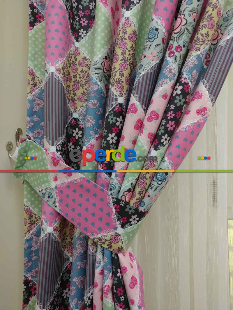 Patchwork Desenli Bebek Ve Çocuk Odası Fon Perde Modelleri- Beyaz-Pembe-Mor