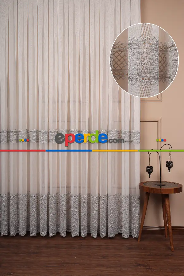 Enine Bantlı Avangart Nakış İşlemeli Tül Perde