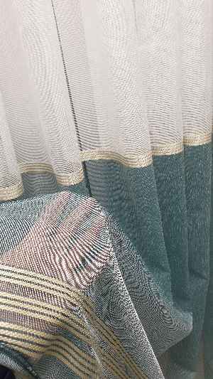 Keten Etek Koyu Bantlı Keten Tül Perde- Yeşil-petrol-turkuaz