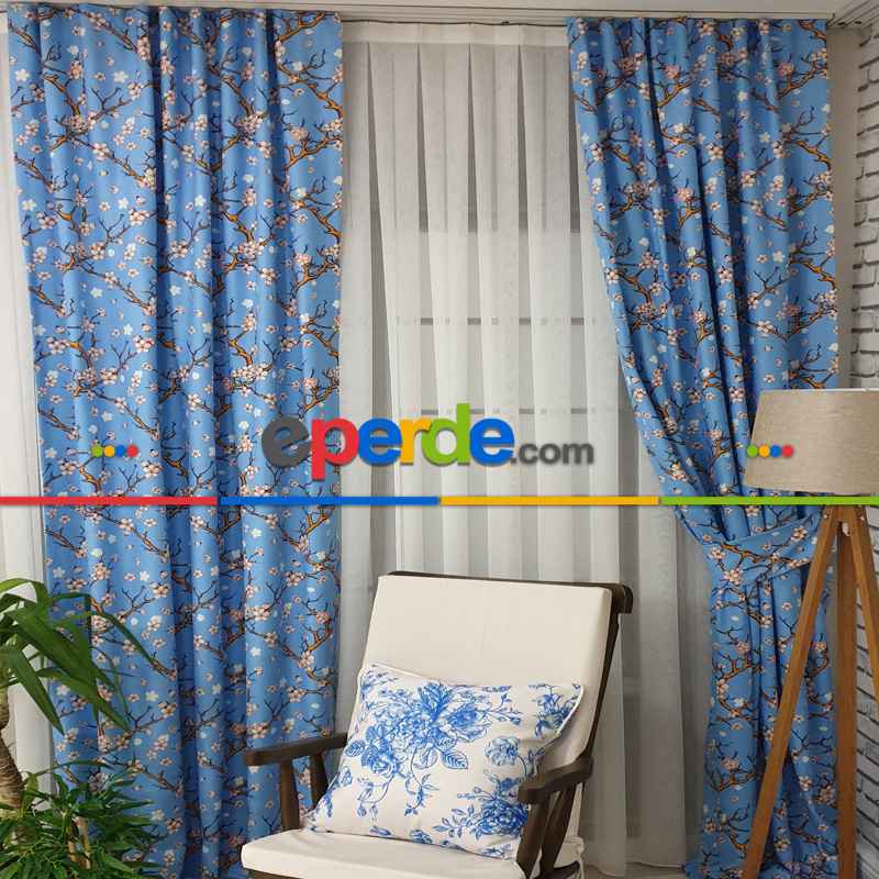 Çiçek Desenli Fon Perde Evm389 - Kumaşı Kalındır Duck Bezi Değildir.- Turkuaz-Kahve