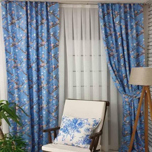 Çiçek Desenli Fon Perde Evm389 - Kumaşı Kalındır Duck Bezi Değildir.- Turkuaz-Kahve