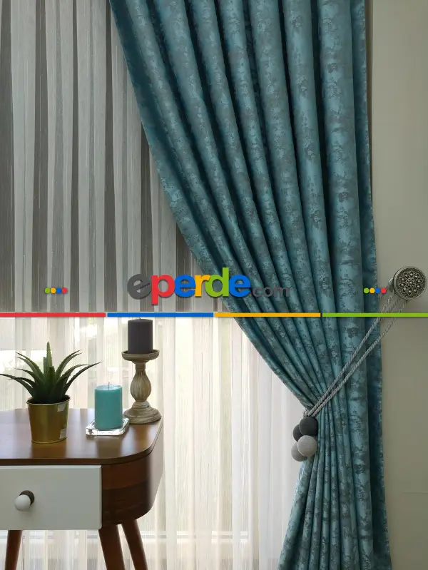 Açık Mavi Renk Jakar Desenli Fon Perde- Mavi Açık-mavi Grimsi