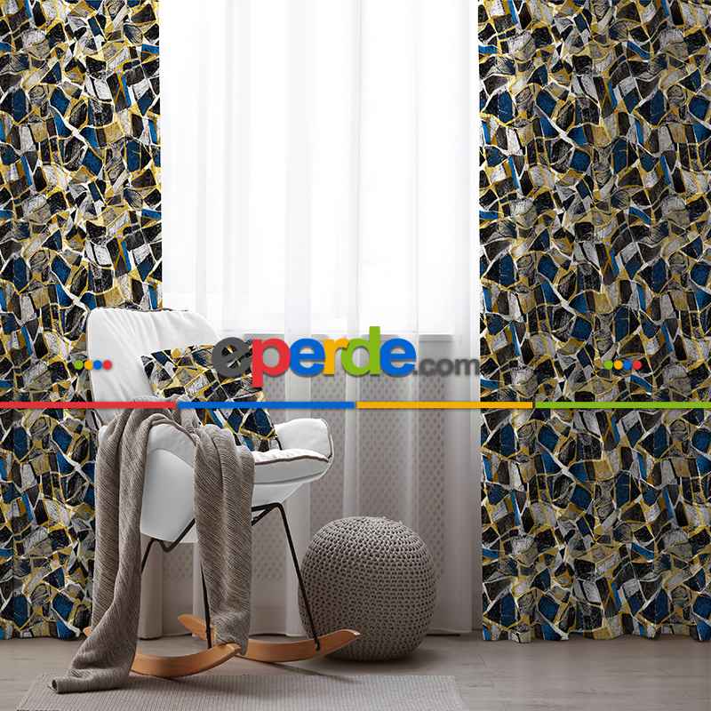 Oturma Odası Fon Perde Evim736 Kumaşı Kalındır Duck Bezi Değildir- Mavi-beyaz