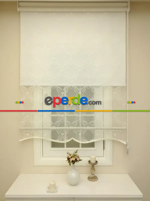 Tül Stor Çiftli Sistem Çerçeve Desen- Beyaz