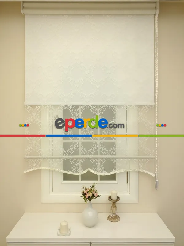 Tül Stor Çiftli Sistem Çerçeve Desen- Beyaz