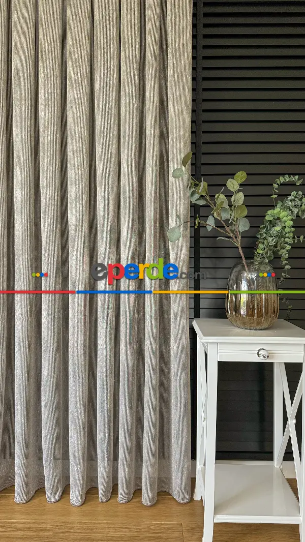 Salon - Gold Altın Keten Gümüş Simli Tül Perde - Ağır Gramajlı Premium
